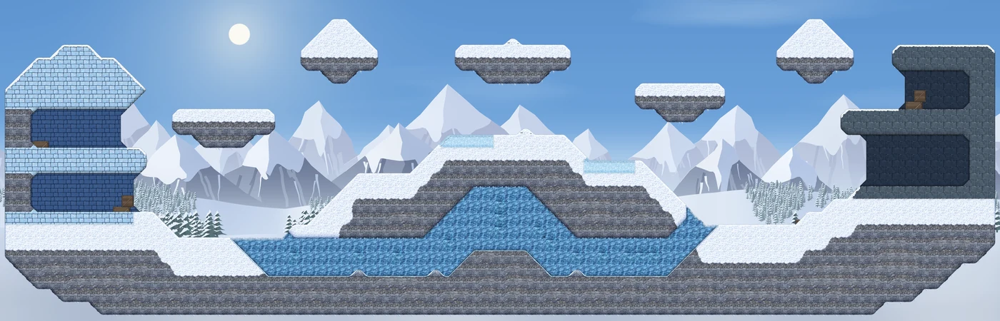 Frost Peak: a snowy mountain map with ice pools and floating snow platforms