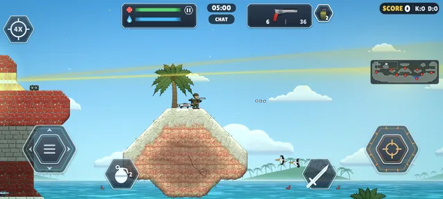 Gameplay on Coral Cove with a palm tree island and the sea